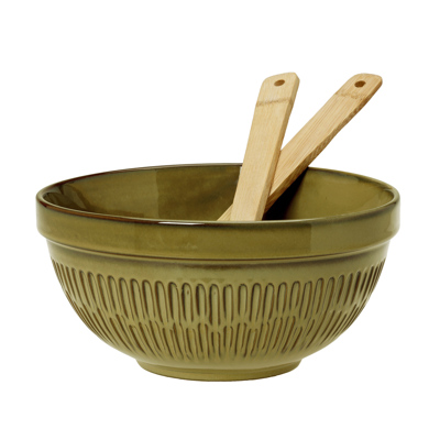 Cryspo Trio Σετ Σαλατιέρα Stoneware 23X13εκ με Κουτάλες Bamboo 'Cottage Light' 3707590